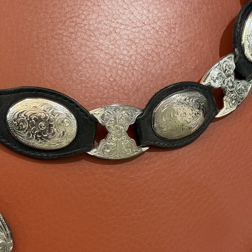 VINTAGE Tony Lama Western Concho Belt Sz 36 Black Leather Silver Tone USA 5293L - Picture 3 of 16